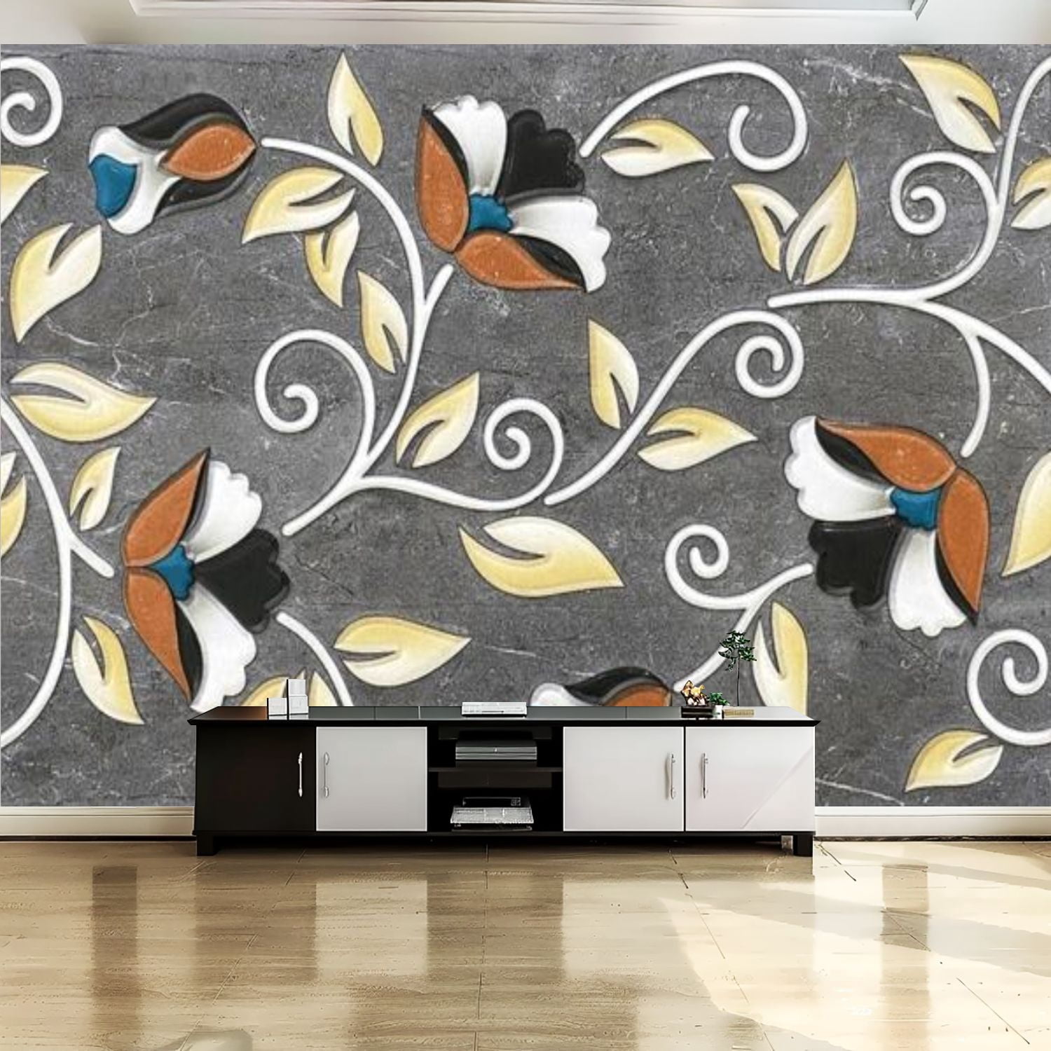 Peel and Stick Canvas Wallpaper Wall Mural Ceramic tiles floral ...