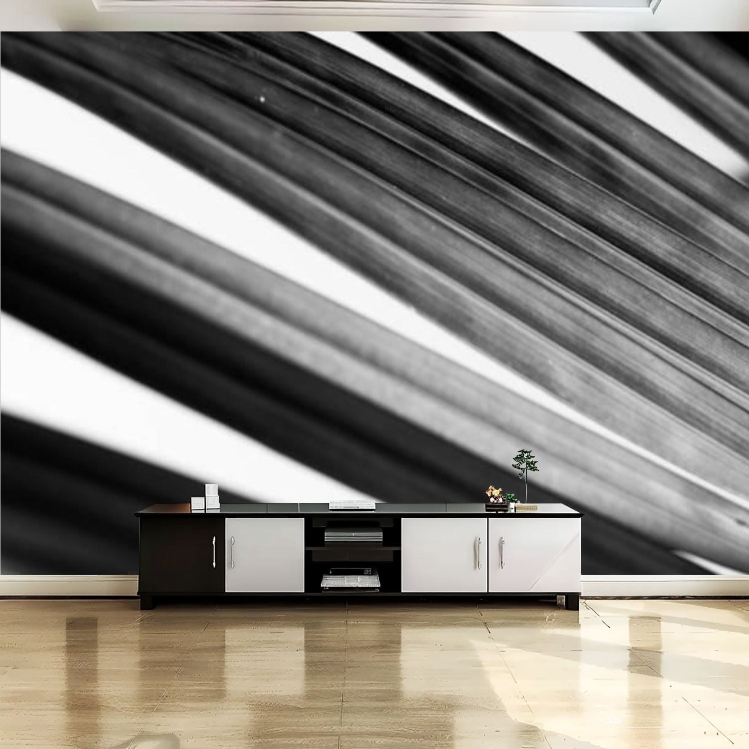View of Peel and Stick Canvas Wallpaper Wall Mural Coconut palm tree foliage ...