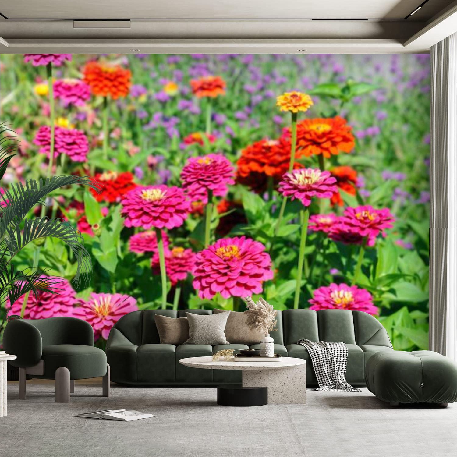 Peel and Stick Canvas Wallpaper Wall Mural Colorful blooming zinnia ...
