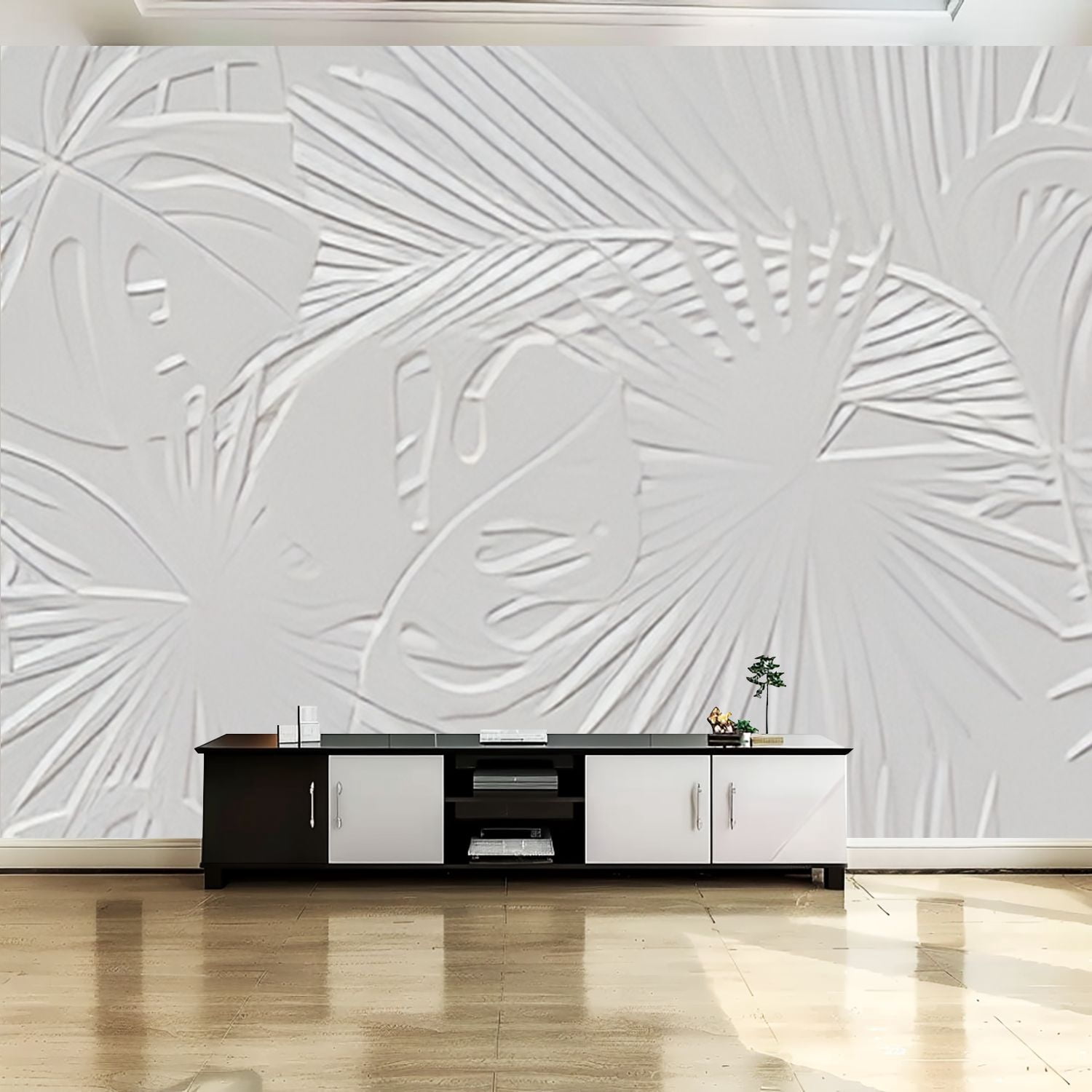 Peel and Stick Canvas Wallpaper Wall Mural Embossed tropical palm ...