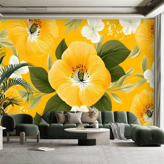 Peel and Stick Canvas Wallpaper Wall Mural Floral Yellow Boho Flowers Leaves Branches Grass Repeating Patterns Wall Art Self Adhesive and Removable 100in x 144in