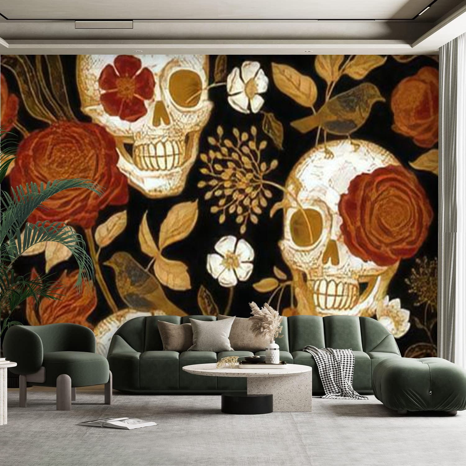 Peel and Stick Canvas Wallpaper Wall Mural Floral seamless skulls ...