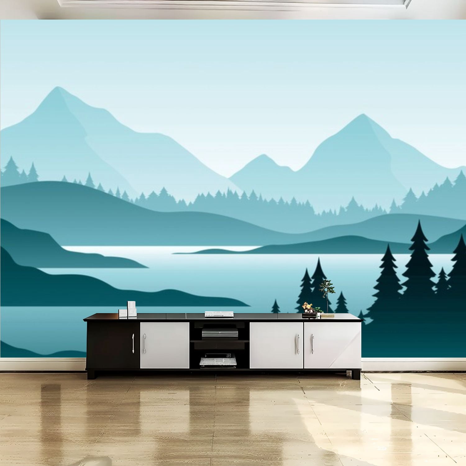 Peel and Stick Canvas Wallpaper Wall Mural Forest foggy landscape flat ...