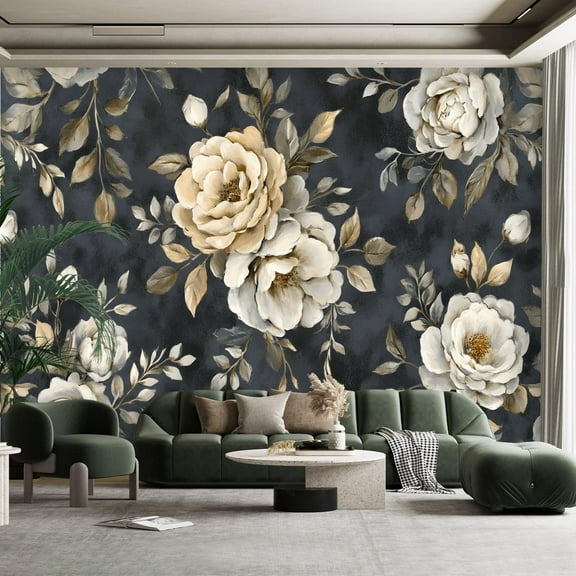 Peel and Stick Canvas Wallpaper Wall Mural Gray Floral Floral Dark Gray Vintage Floral White Flowers Bud Flowers Wall Art Self Adhesive and Removable 100in x 144in