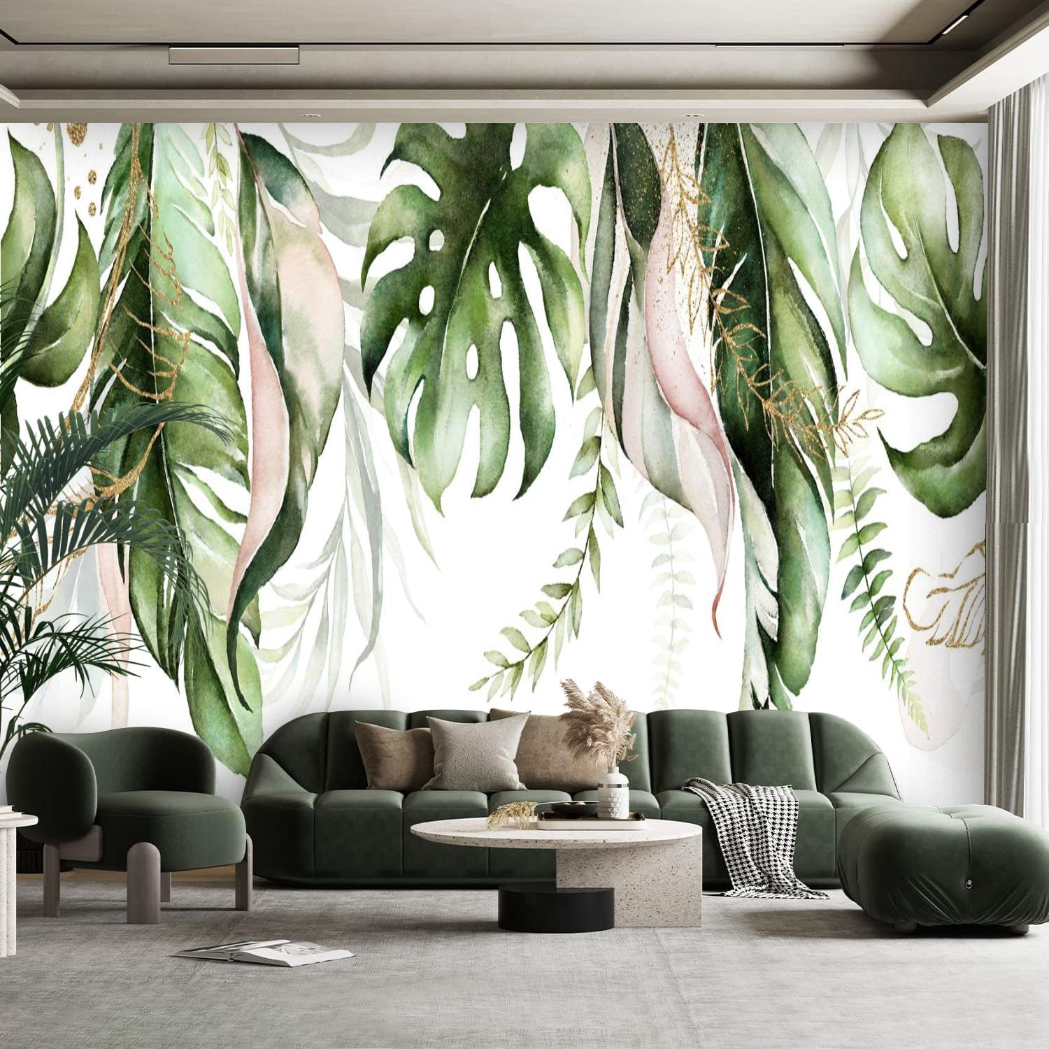 Peel and Stick Canvas Wallpaper Wall Mural Green blush tropical leaves ...