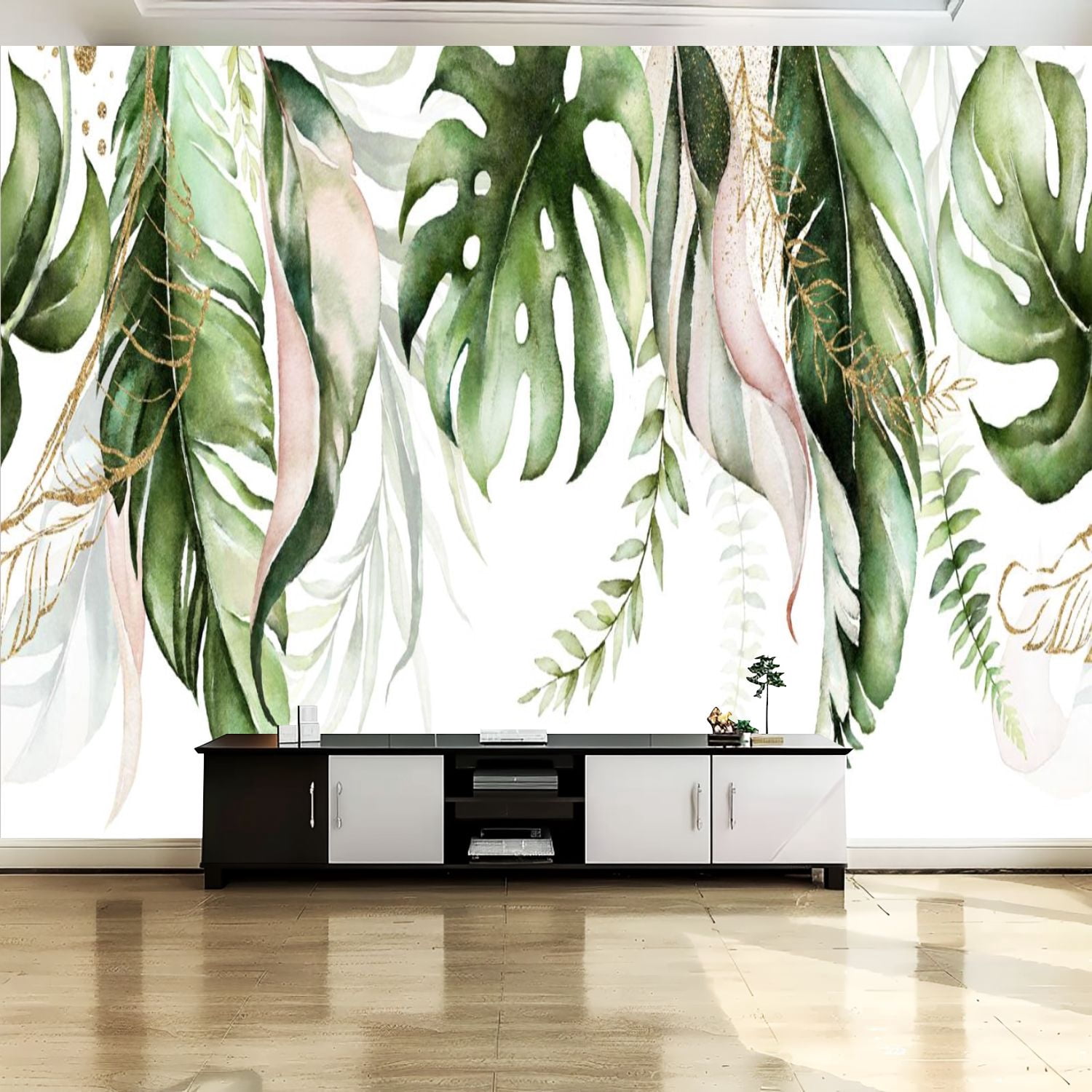 Peel and Stick Canvas Wallpaper Wall Mural Green blush tropical leaves ...