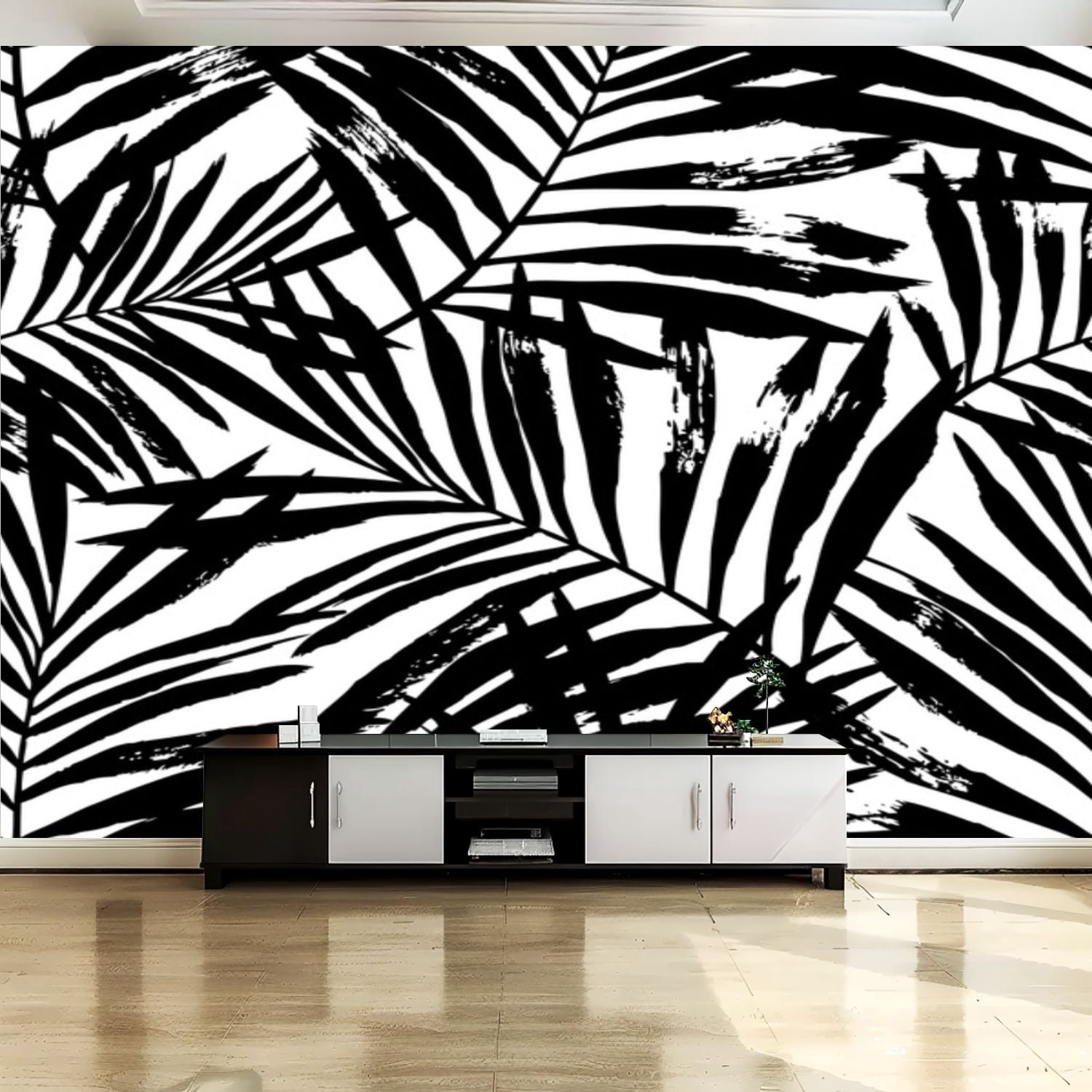 Peel and Stick Canvas Wallpaper Wall Mural Hand painted black palm ...