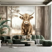 Peel and Stick Canvas Wallpaper Wall Mural Highland Cow Funny Rustic Farmhouse Animal Wooden Interior Forest Wall Art Self Adhesive and Removable 100in x 144in