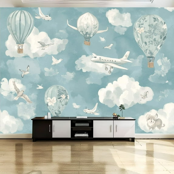 Peel and Stick Canvas Wallpaper Wall Mural Hot Air Balloon Cartoon Animal Blue Sky Cloud Airplane Birds Balloons Wall Art Self Adhesive and Removable 69in x 98in