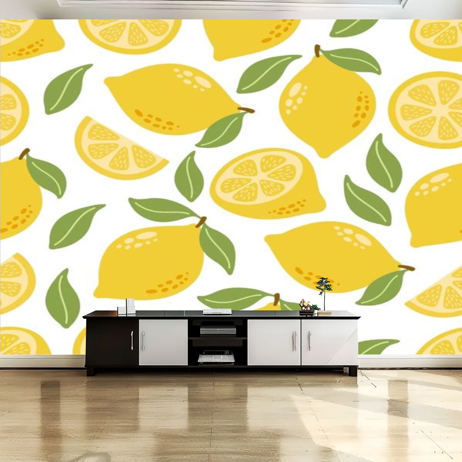 Peel and Stick Canvas Wallpaper Wall Mural Lemon seamless slice leaves ...