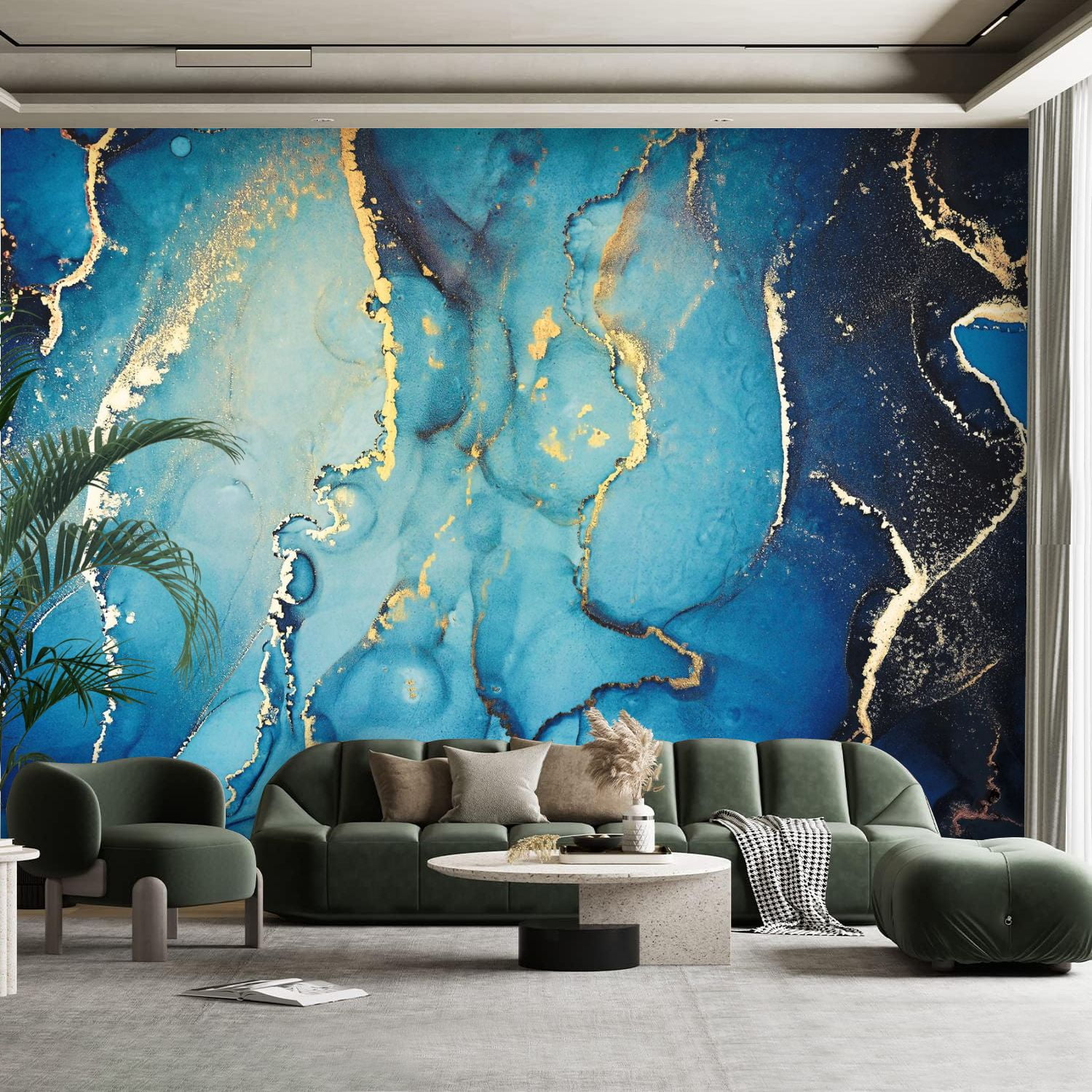 Teal Blue Marble Wallpaper Mural | Abstract Fluid Art Wall Decor With Gold Veins