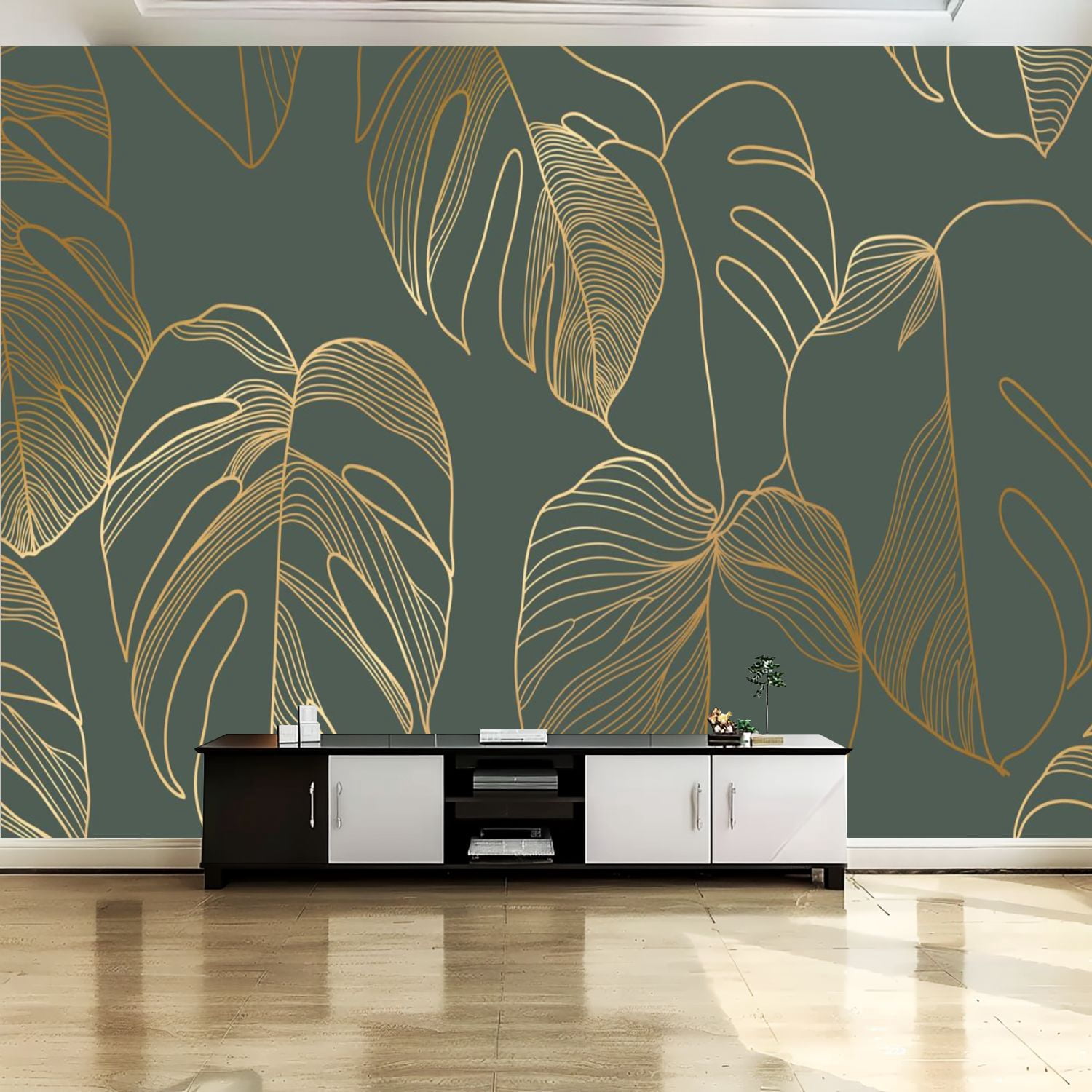 Peel and Stick Canvas Wallpaper Wall Mural Luxury gold nature green ...