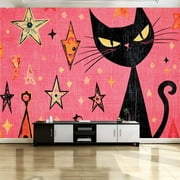 Peel and Stick Canvas Wallpaper Wall Mural Mid Century Black Cat Pink Atomic Abstract Vintage Boho Geometric Wall Art Self Adhesive and Removable 69in x 98in
