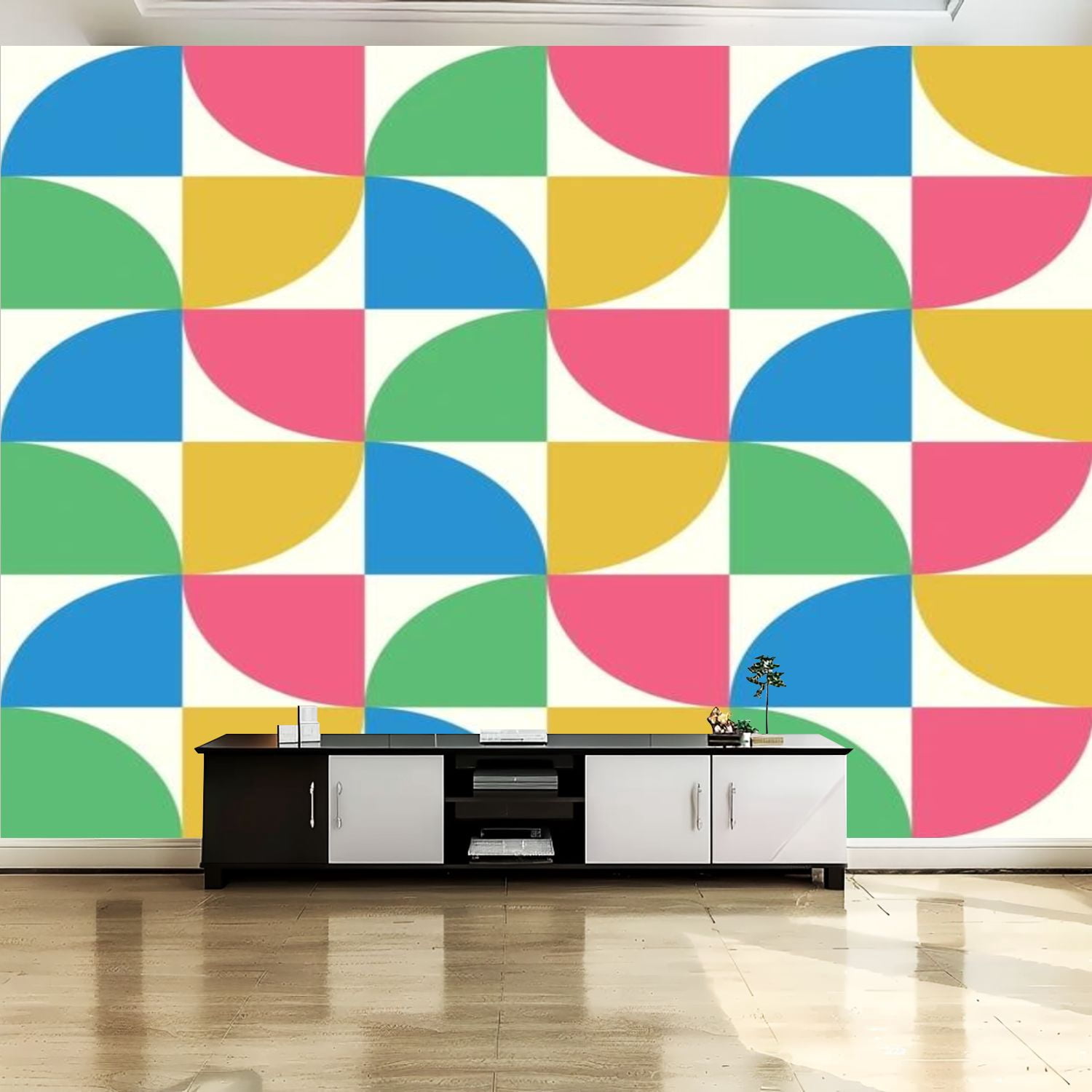 Art mural Mid-Century, Art sur toile ronde jaune, Dessin au trait
