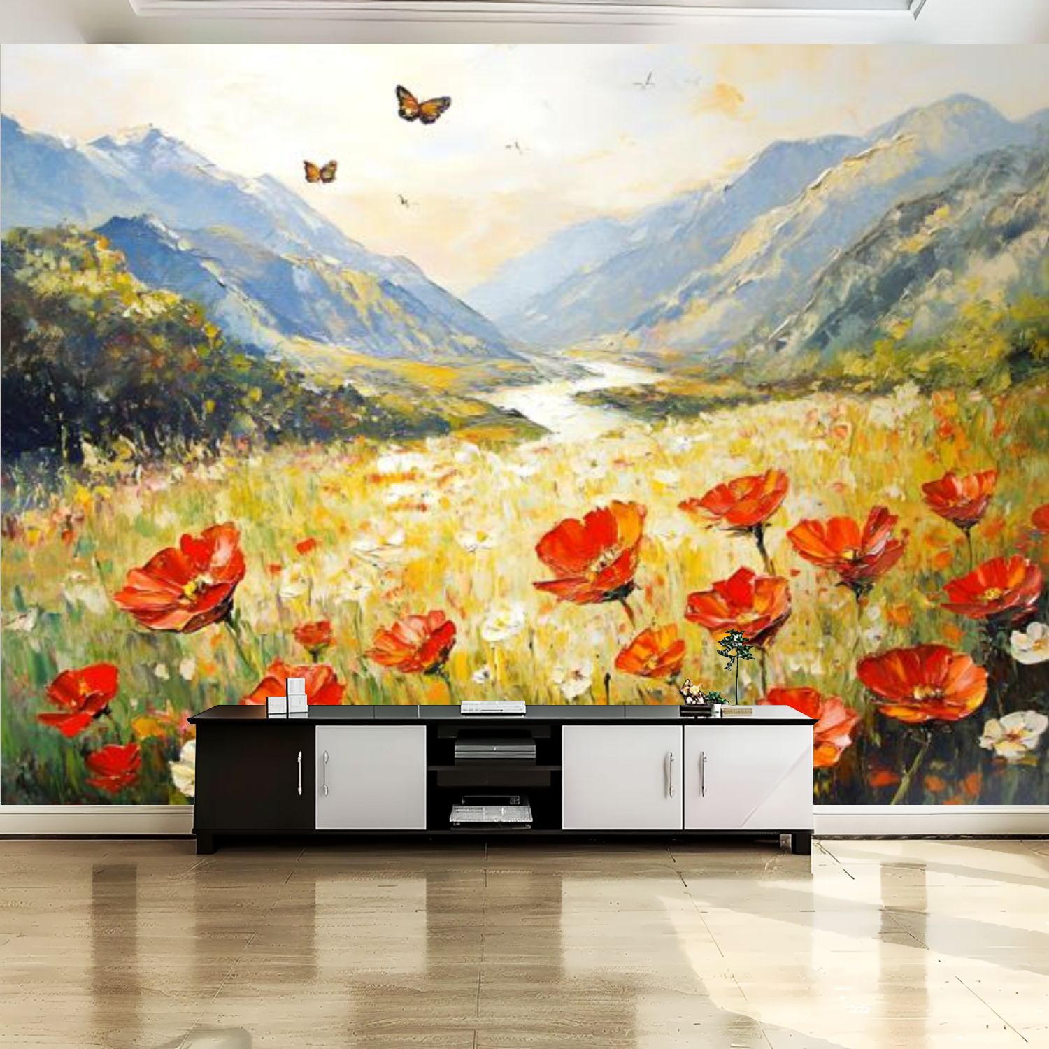 Peel and Stick Canvas Wallpaper Wall Mural Mountain Landscape Red ...