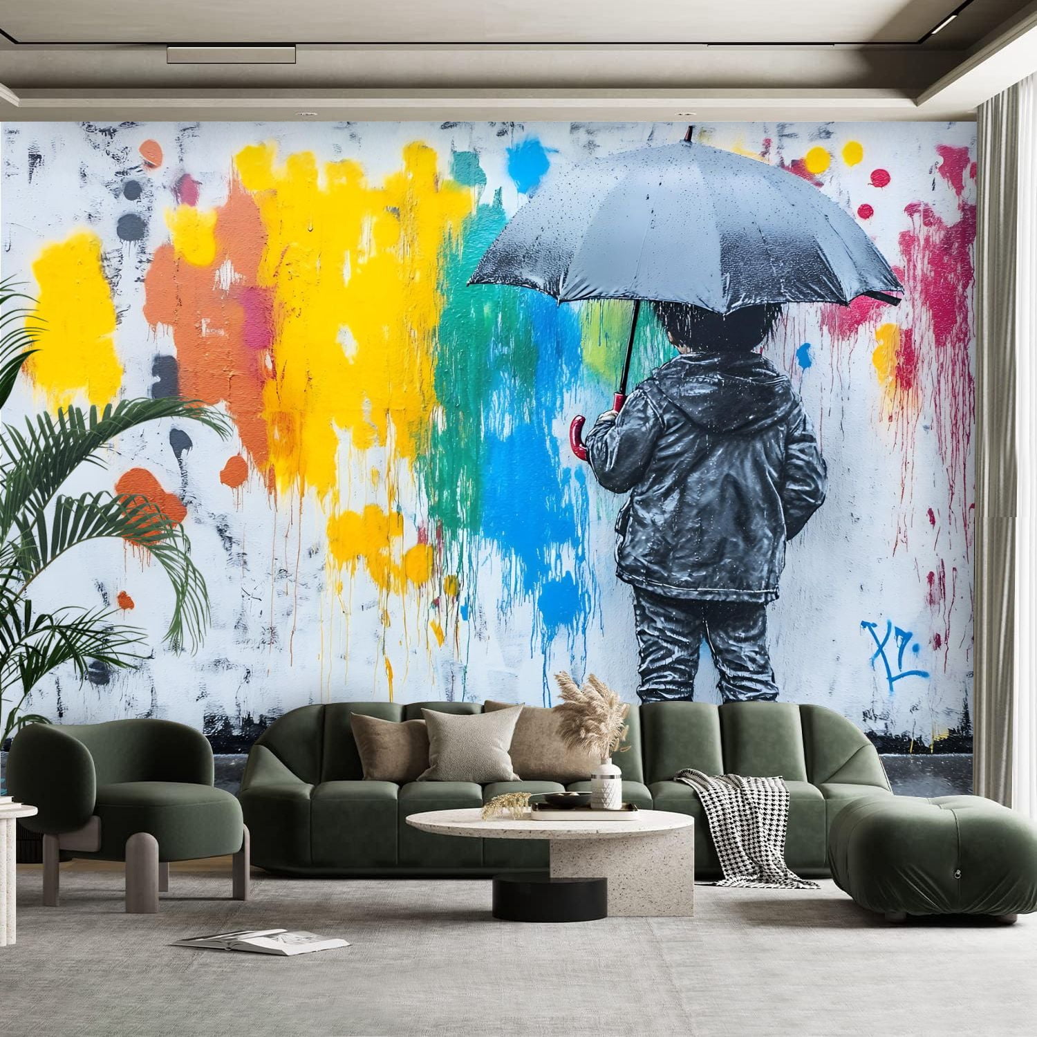 Peel and Stick Canvas Wallpaper Wall Mural Raining Day Colorful ...