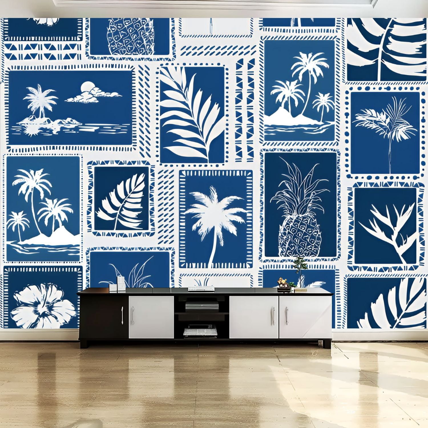Peel and Stick Canvas Wallpaper Wall Mural Retro Monotone Blue Tropical ...