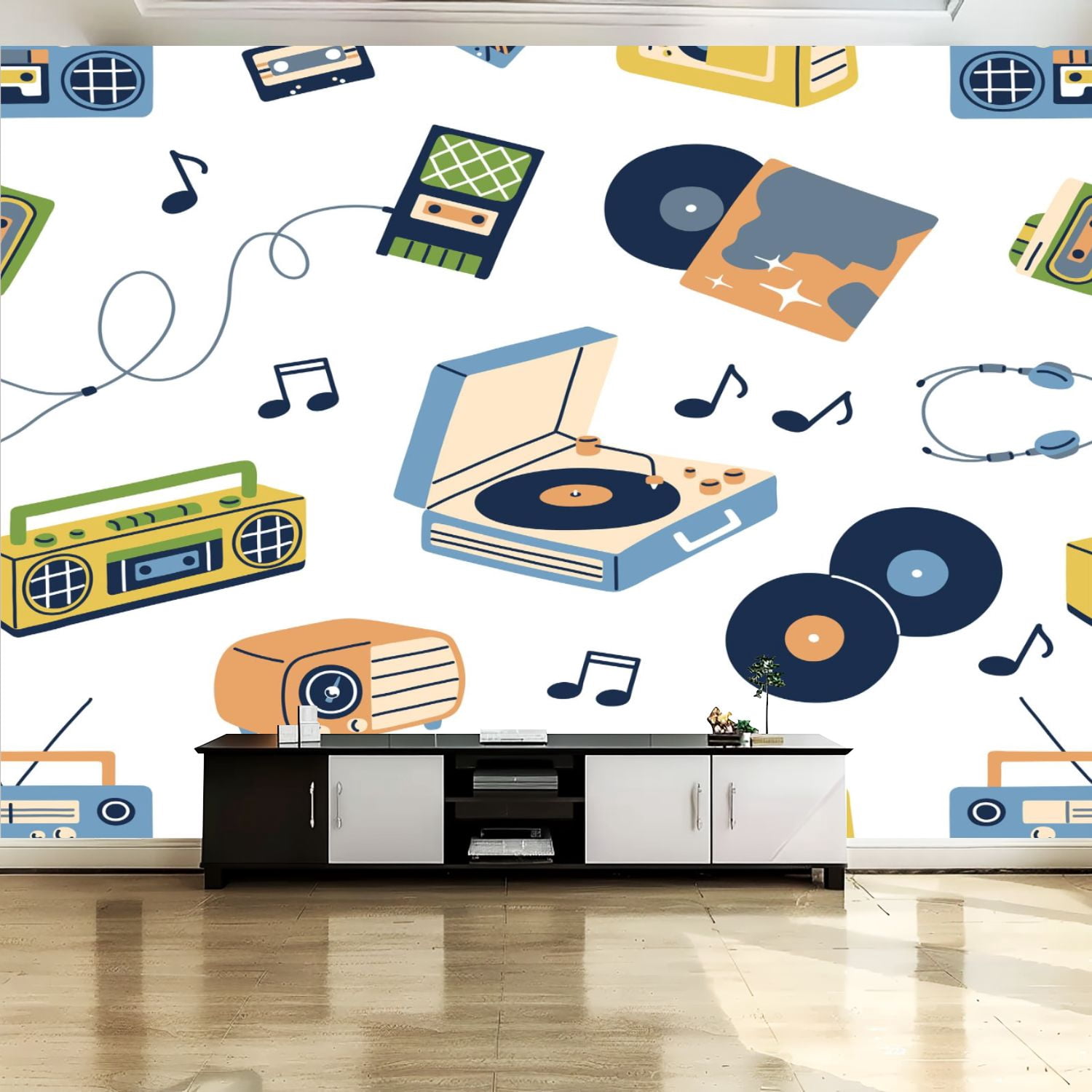 Peel and Stick Canvas Wallpaper Wall Mural Retro Seamless old cassettes ...
