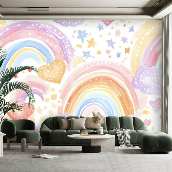 Peel and Stick Canvas Wallpaper Wall Mural Seamless Boho Rainbow Cloud Heart Star Rainbows Hearts Stars Clouds Wall Art Self Adhesive and Removable 100in x 144in