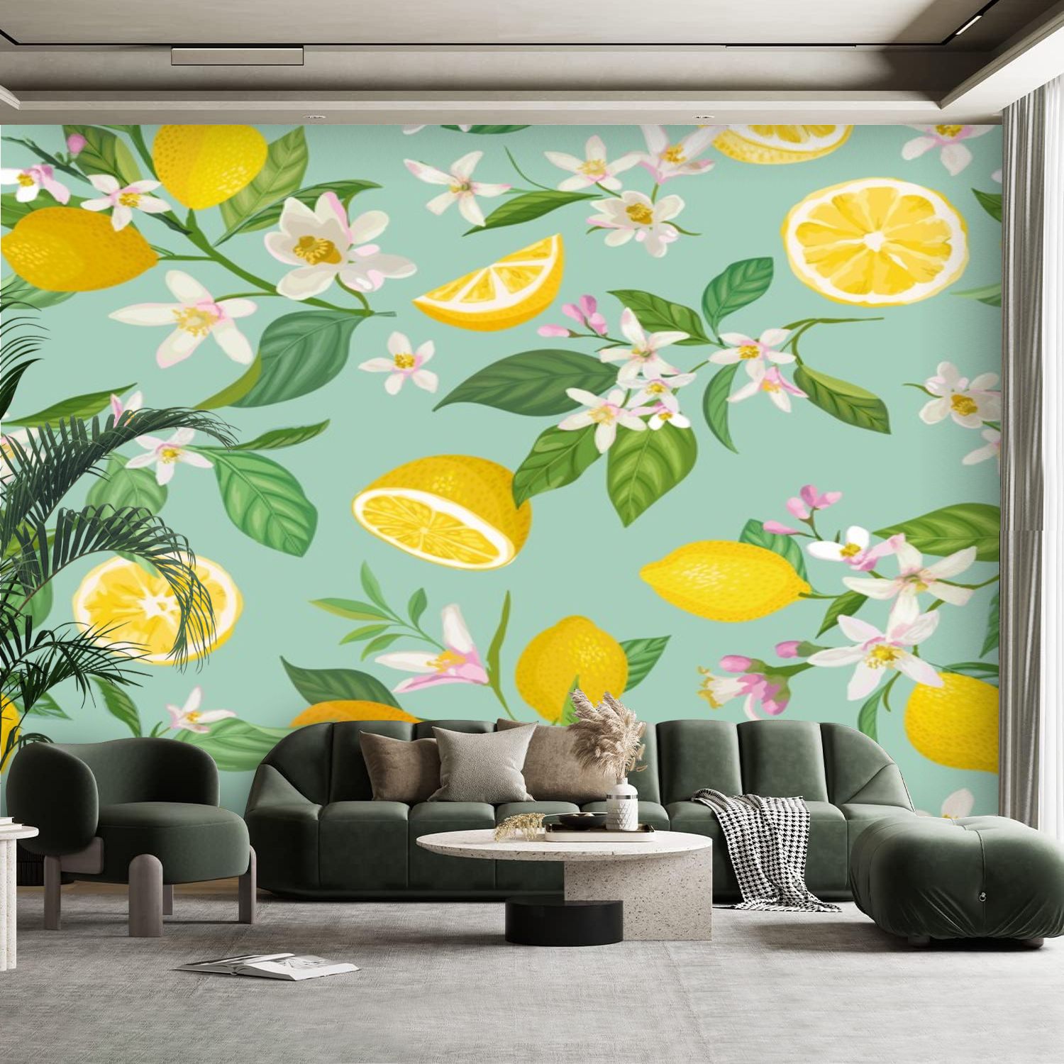 Peel and Stick Canvas Wallpaper Wall Mural Seamless Lemon tropic fruits ...