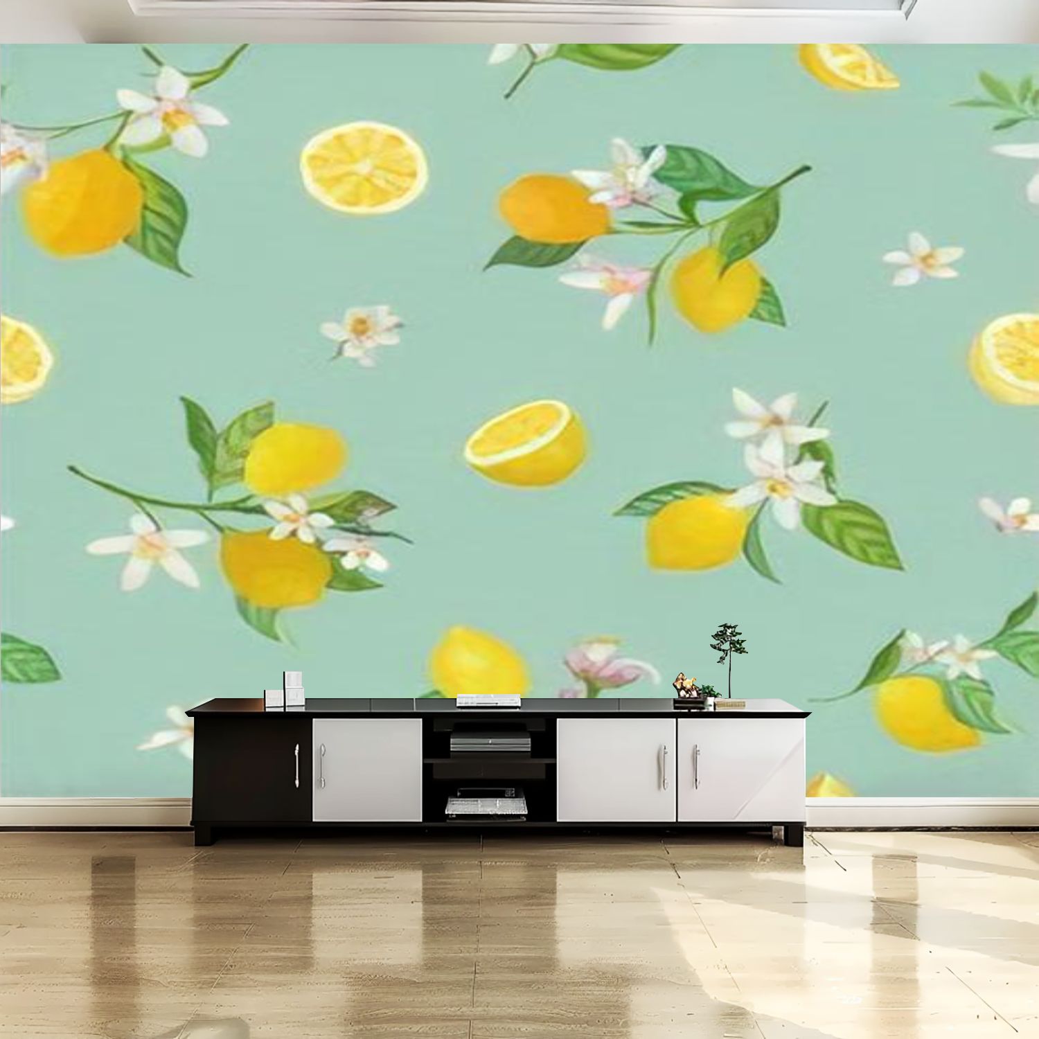 Peel and Stick Canvas Wallpaper Wall Mural Seamless Lemon tropic fruits ...