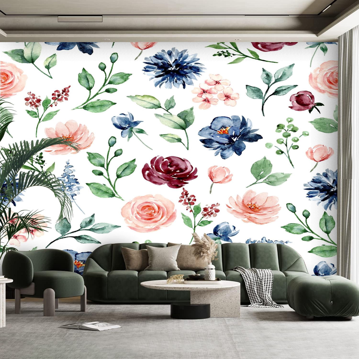 Peel and Stick Canvas Wallpaper Wall Mural Seamless floral watercolor ...