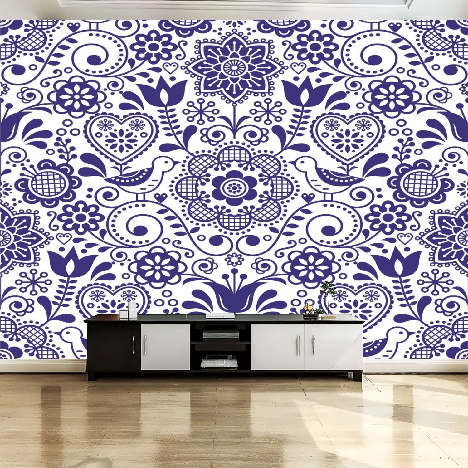 Peel and Stick Canvas Wallpaper Wall Mural Seamless folk art pattern ...