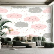 Peel and Stick Canvas Wallpaper Wall Mural Seamless hand drawn cute pink grey cartoon clouds stars white Design Wall Art Self Adhesive and Removable 100in x 144in