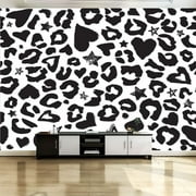 Peel and Stick Canvas Wallpaper Wall Mural Seamless leopard print Repeating print black sketched hearts Wall Art Self Adhesive and Removable 69in x 98in