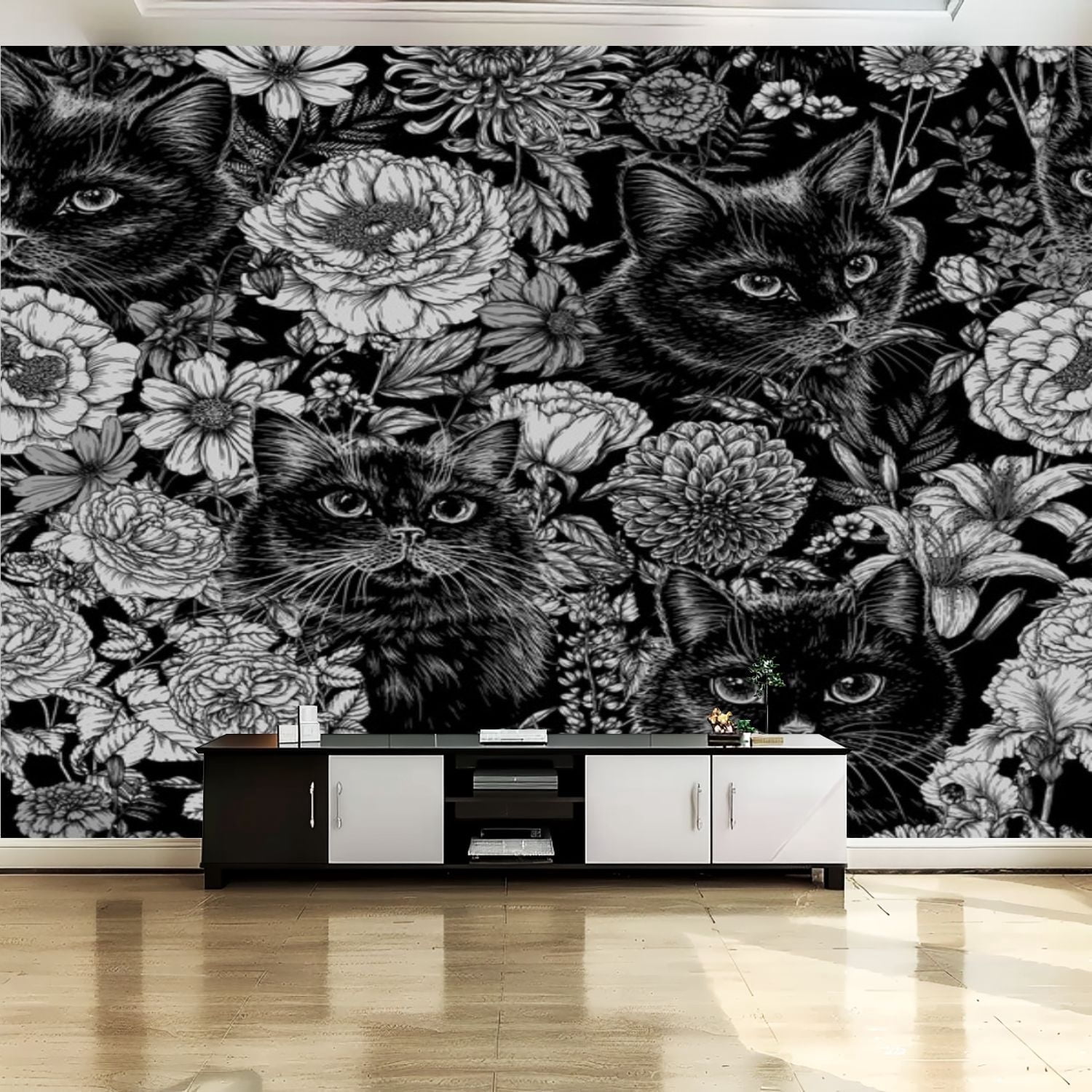 Peel and Stick Canvas Wallpaper Wall Mural Seamless pattern black cats ...