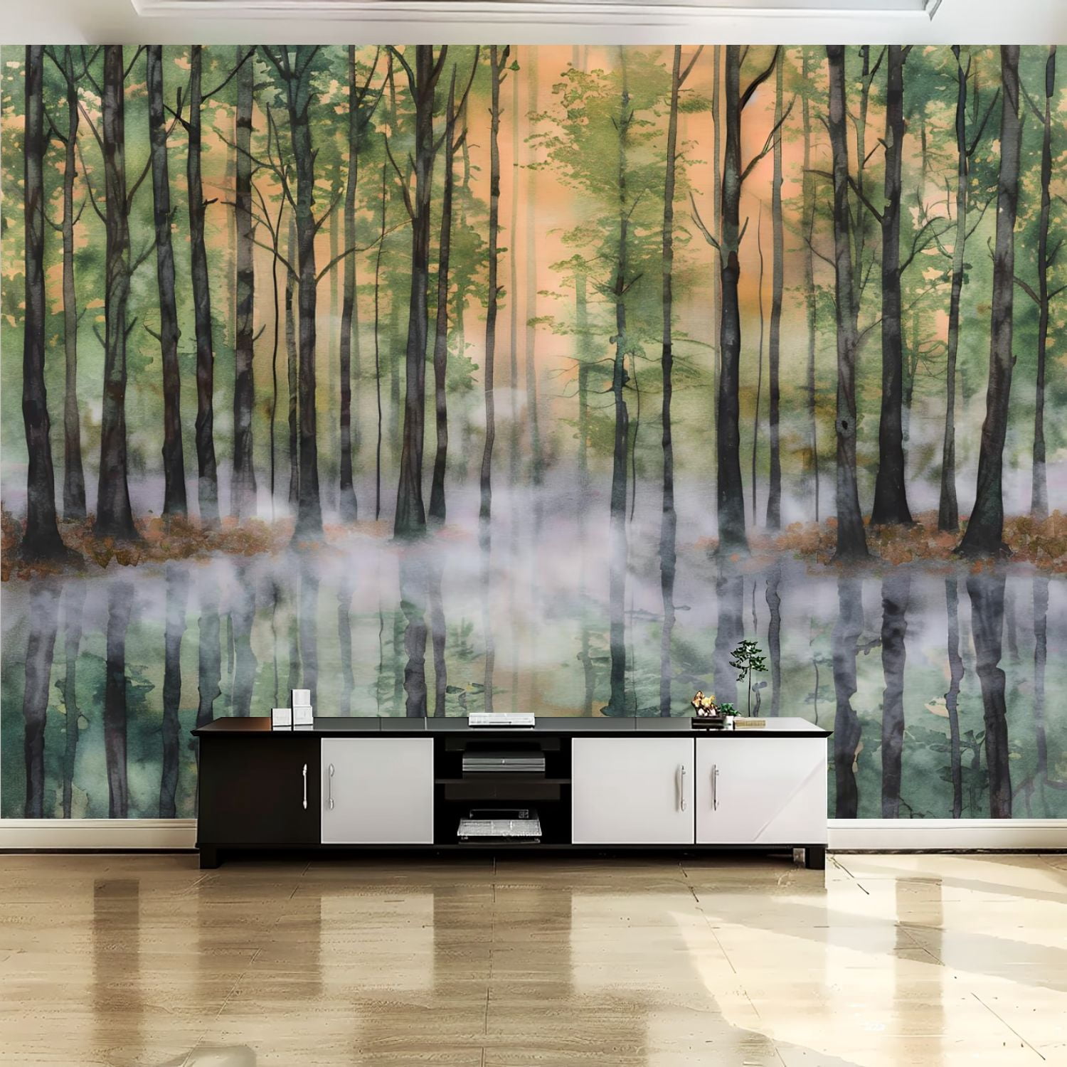Peel and Stick Canvas Wallpaper Wall Mural Serene Lake Reflection Misty ...