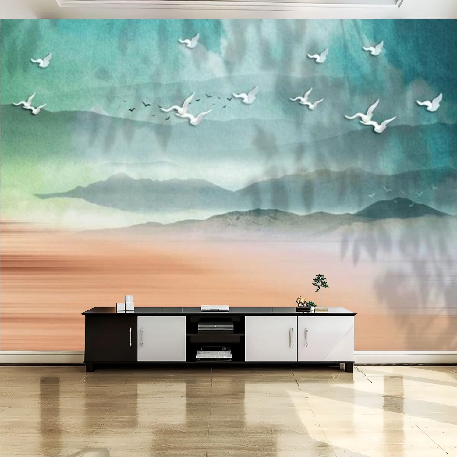 Peel and Stick Canvas Wallpaper Wall Mural Serene landscape painting white  birds misty mountain scenery Wall Art Self Adhesive and Removable 69in x  98in - Walmart.com, image size:1500x1500