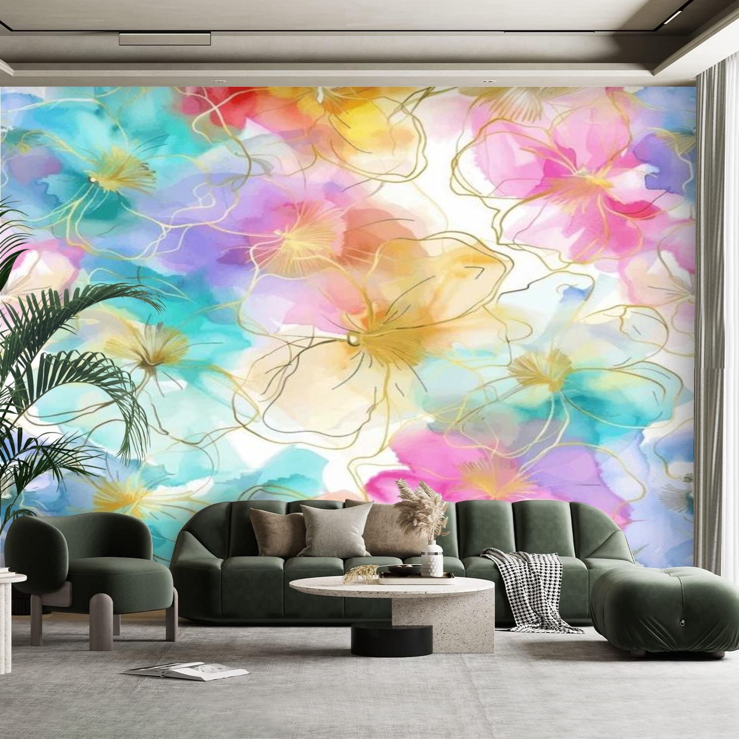 Peel and Stick Canvas Wallpaper Wall Mural Sweet flower watercolor ...