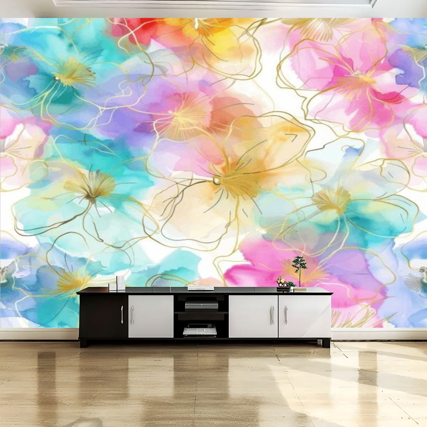 Peel and Stick Canvas Wallpaper Wall Mural Sweet flower watercolor ...