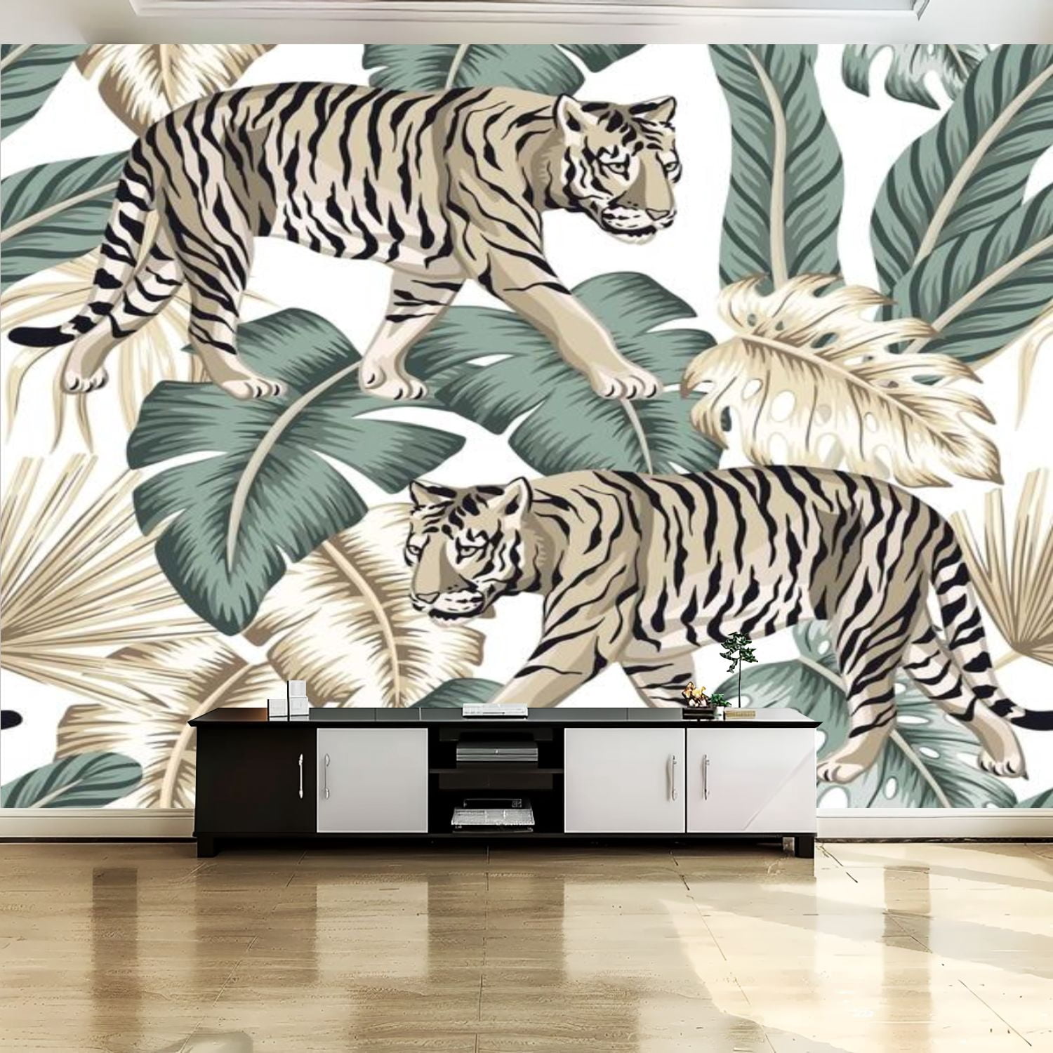 Peel and Stick Canvas Wallpaper Wall Mural Tiger tropical palm leaves ...