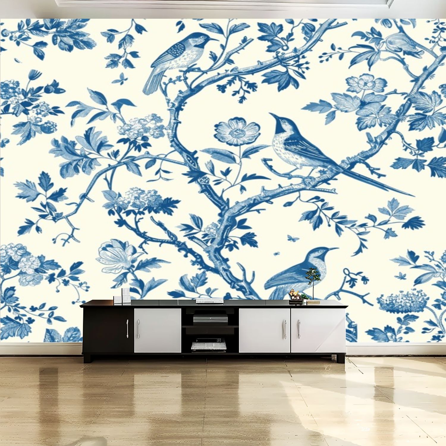 Peel and Stick Canvas Wallpaper Wall Mural Toile De Jouy Vintage Floral ...