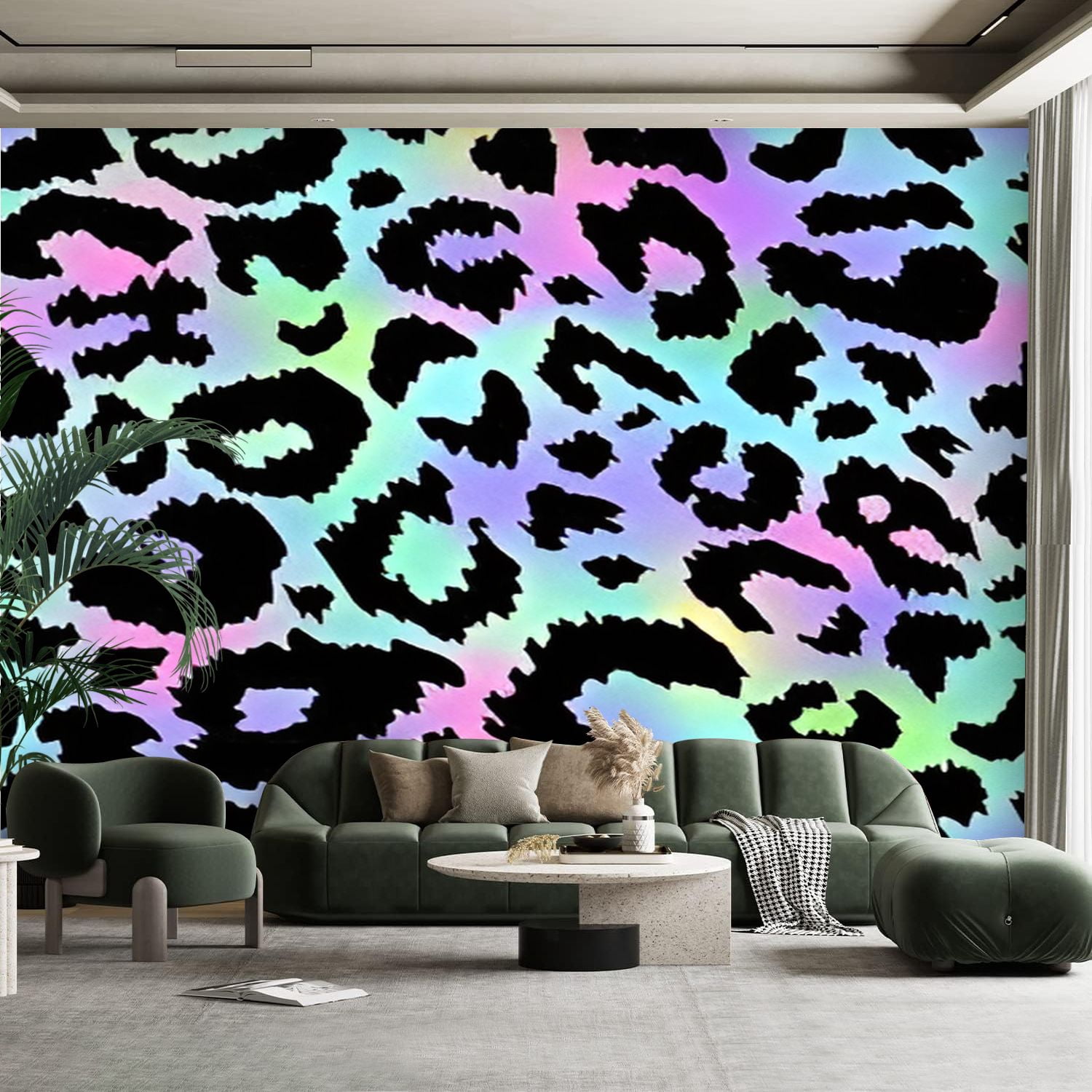 Peel and Stick Canvas Wallpaper Wall Mural Trendy Neon Leopard seamless ...