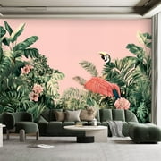 Peel and Stick Canvas Wallpaper Wall Mural Tropical Vintage Botanical Wild Animal Crane Parrot Toucan Monkey Palm Wall Art Self Adhesive and Removable 100in x 144in