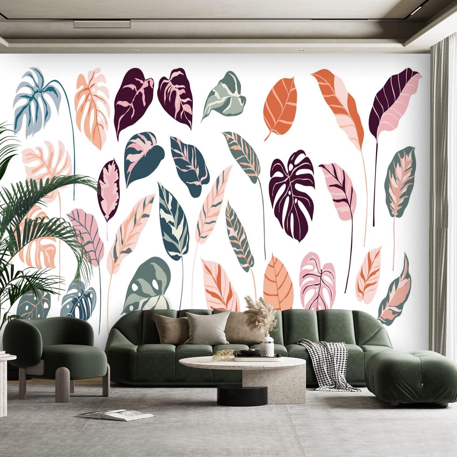 Peel and Stick Canvas Wallpaper Wall Mural Tropical leaves abstract ...