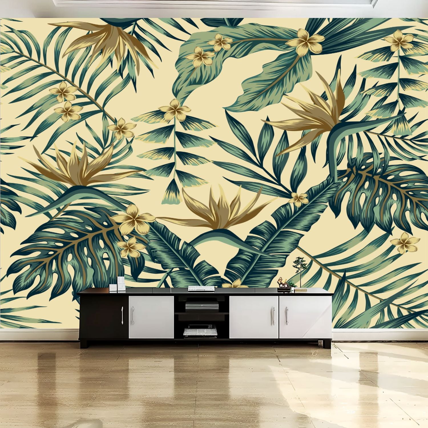 Peel and Stick Canvas Wallpaper Wall Mural Tropical leaves gold flowers ...
