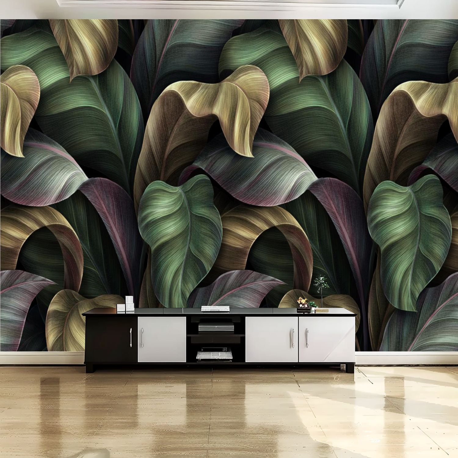 Peel and Stick Canvas Wallpaper Wall Mural Tropical leaves gold green ...