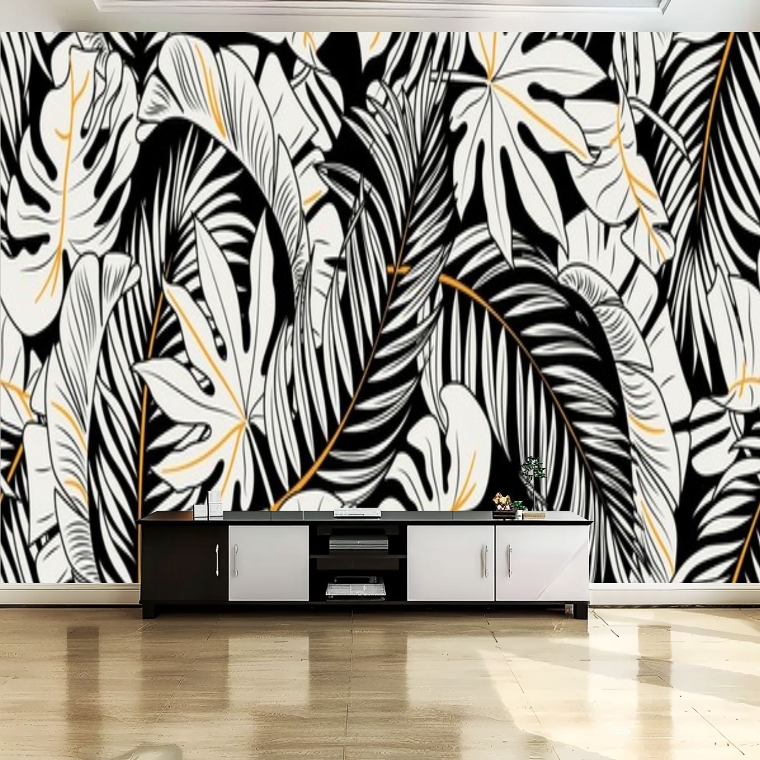 Peel and Stick Canvas Wallpaper Wall Mural Tropical palm leaves black ...