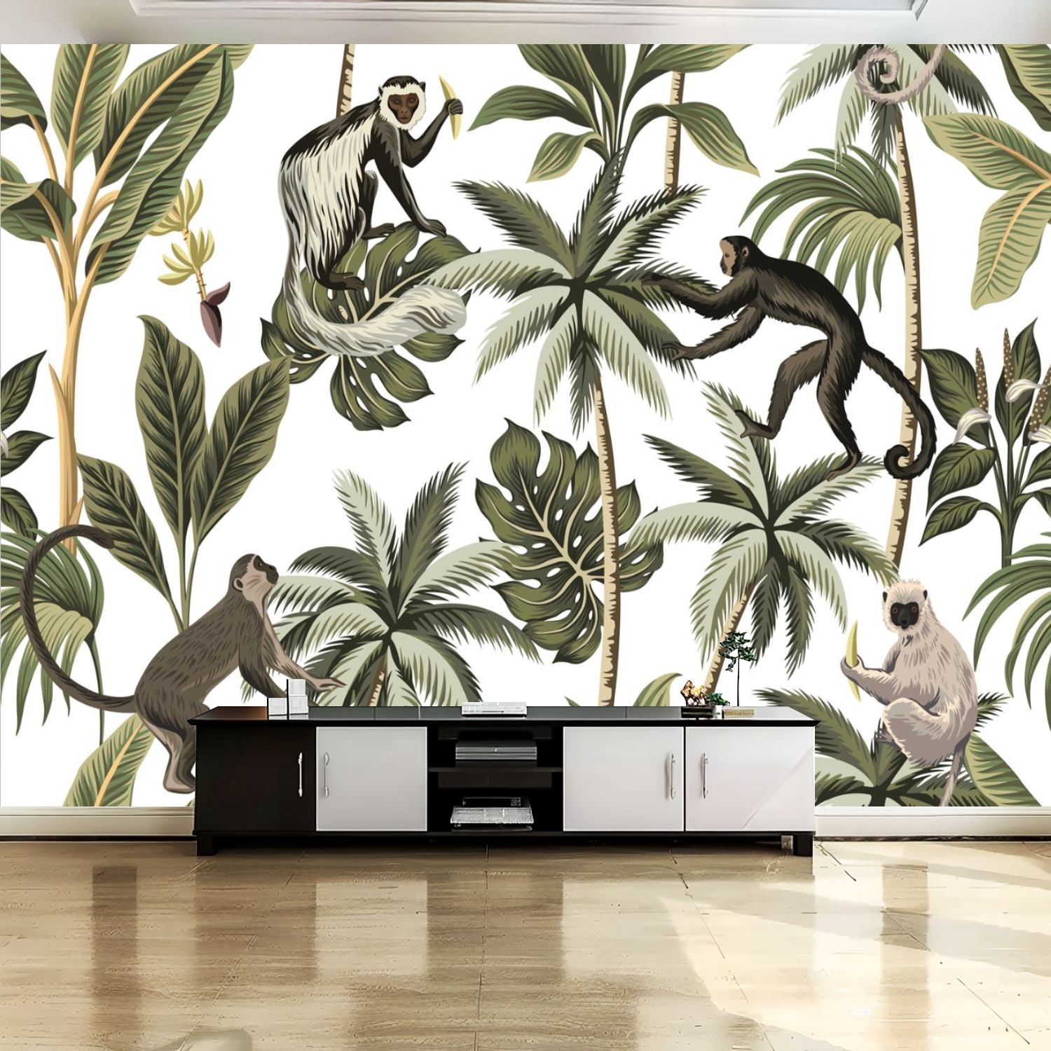 Peel and Stick Canvas Wallpaper Wall Mural Tropical vintage monkey palm ...