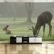 Peel and Stick Canvas Wallpaper Wall Mural Two wild deers male antlers female grazing Couple pair animals Wall Art Self Adhesive and Removable 69in x 98in