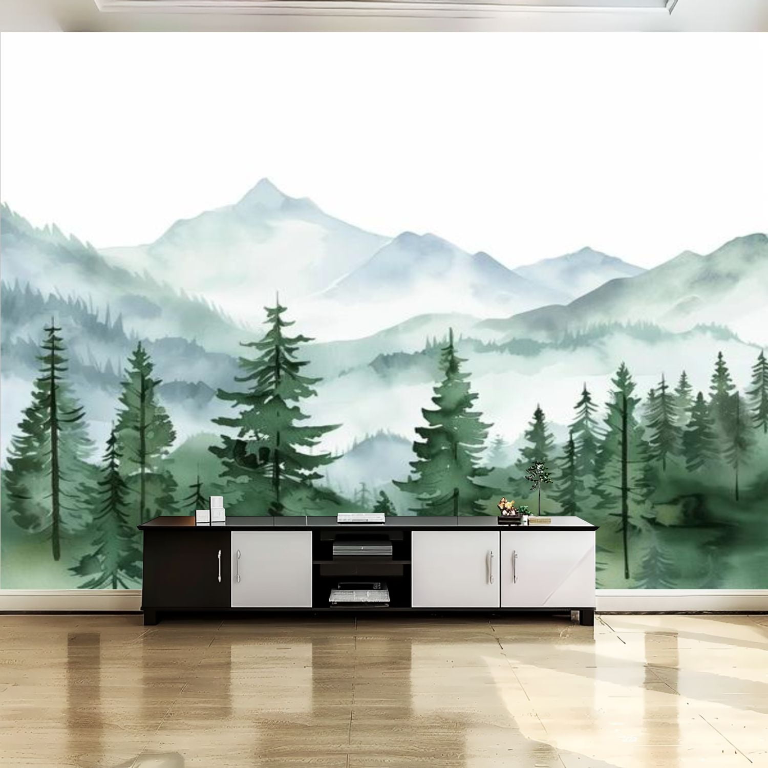 Peel and Stick Canvas Wallpaper Wall Mural Watercolor Green Misty ...