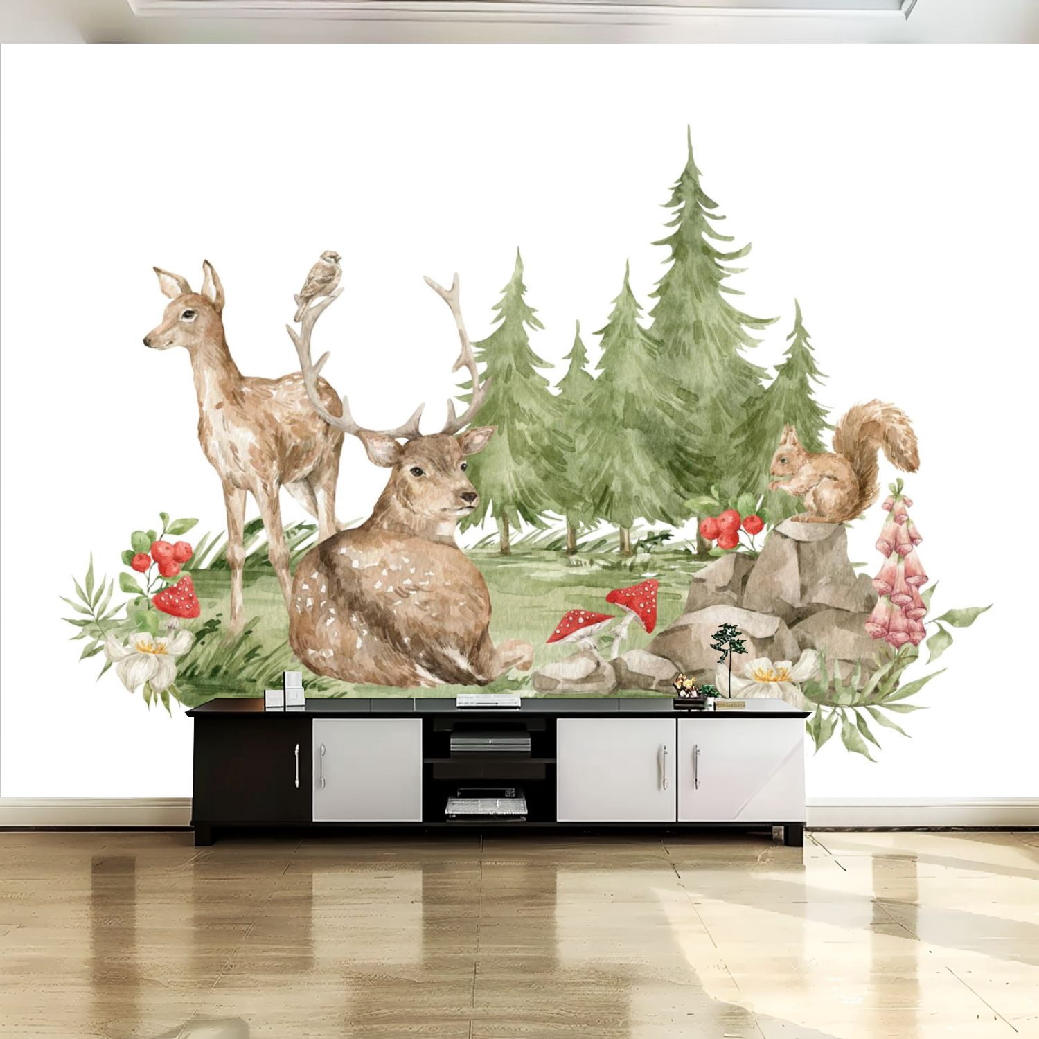 Peel and Stick Canvas Wallpaper Wall Mural Watercolor forest landscape ...