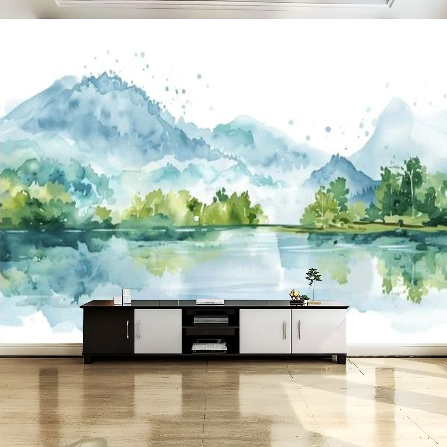 Peel and Stick Canvas Wallpaper Wall Mural Watercolor mountain lake ...