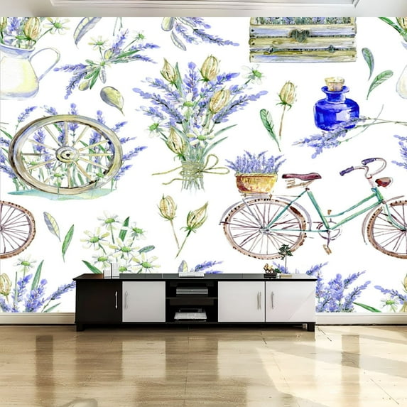 Peel and Stick Canvas Wallpaper Wall Mural Watercolor realistic Floral seamless pattern Provence Retro bicycle Wall Art Self Adhesive and Removable 69in x 98in