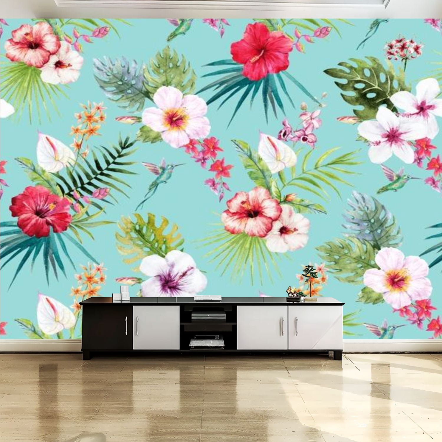 Peel and Stick Canvas Wallpaper Wall Mural Watercolor tropical flower ...