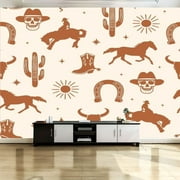 Peel and Stick Canvas Wallpaper Wall Mural Western Themed Cowboy Cowgirl Seamless Pattern Cactus Cowboy Seamless Wall Art Self Adhesive and Removable 69in x 98in